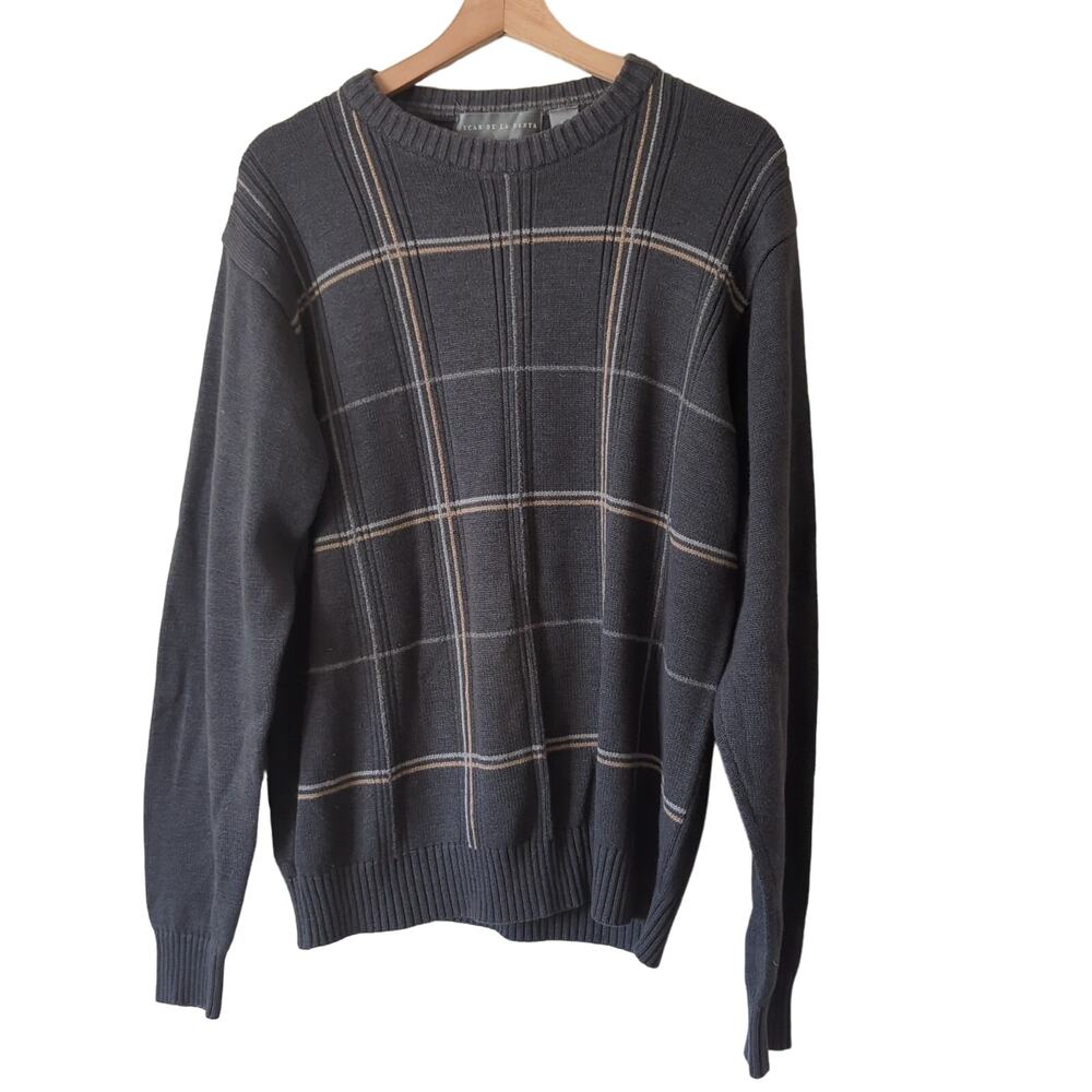 Vintage Oscar De La Renta Sweater Men's XL Check‎ Crewneck Gray Grandpa Cosby